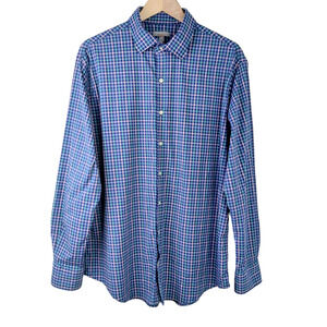 Peter Millar SZ XL Crown Sport Wicking Plaid Button Down Blue Pink Aqua
